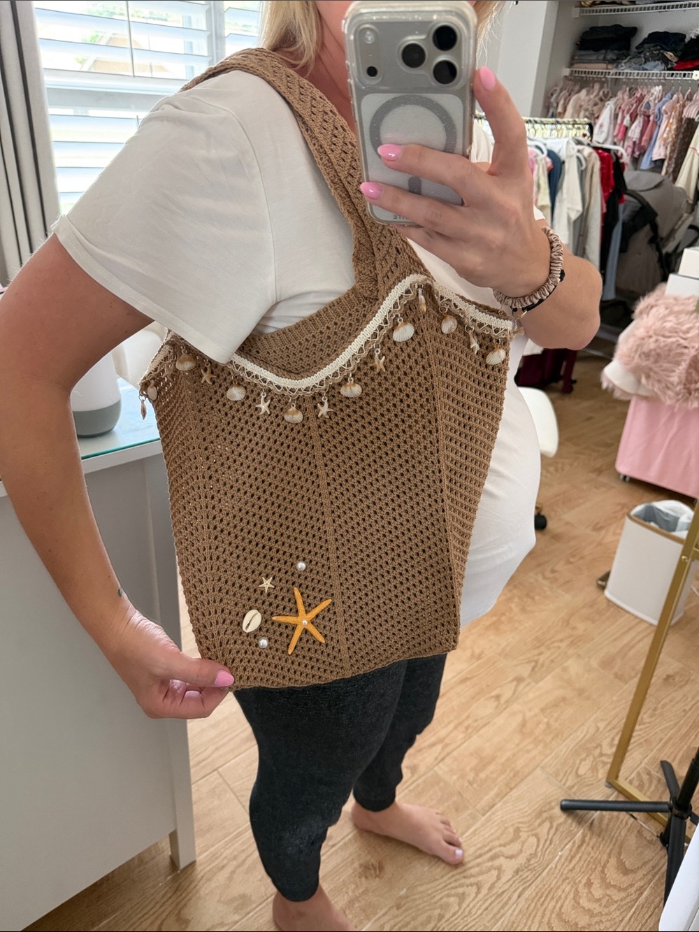 Brown Crochet Tote Bag with Shell Accents